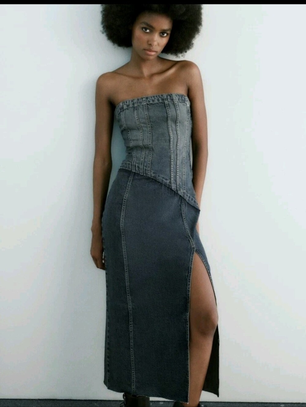 Zara Dark Washed Denim Strapless Midi Dress with Side Slit